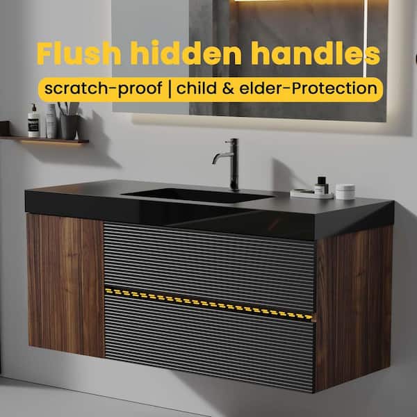 Ziyudura 48 in. Single Sink Floating Walnut Bath Vanity with Black