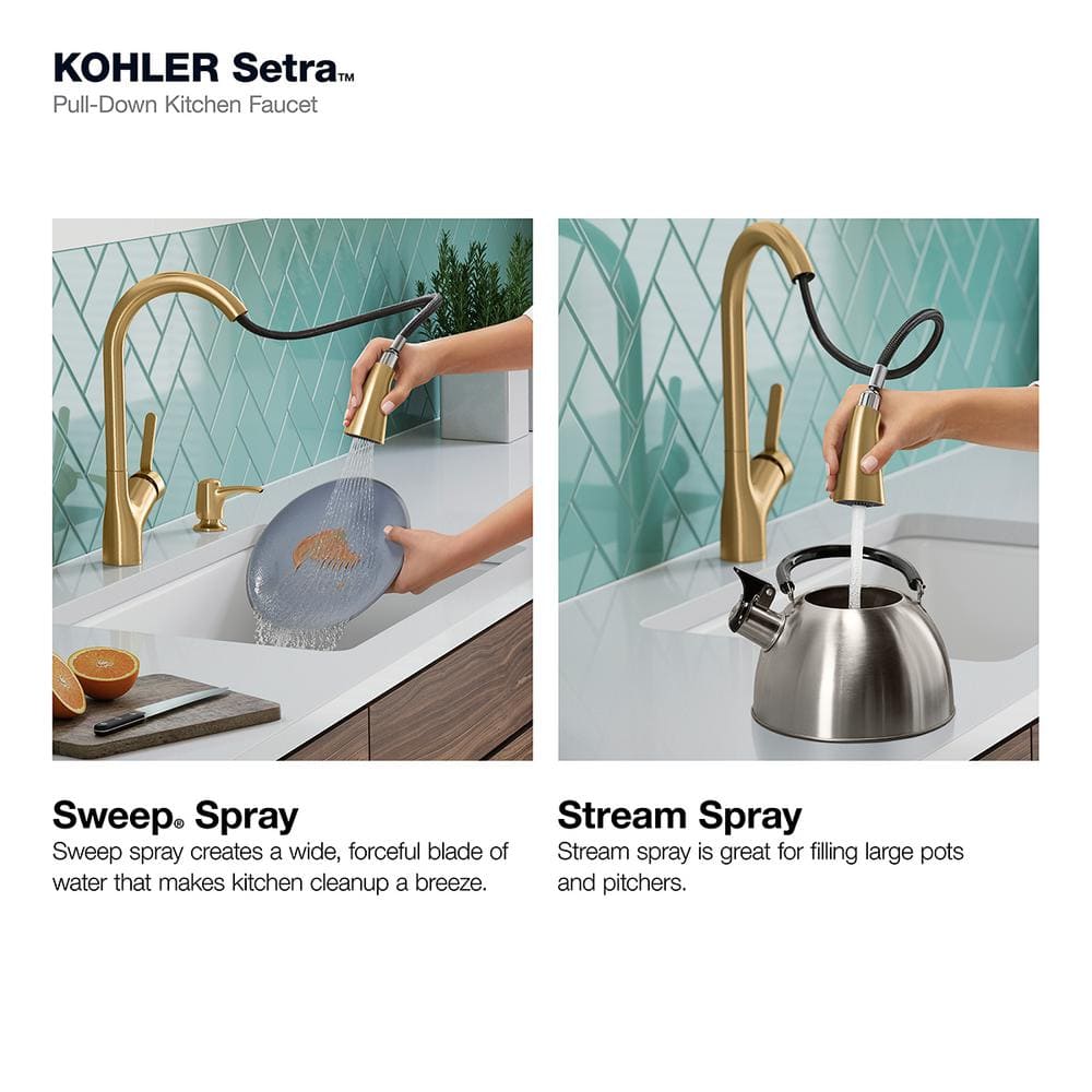 Vibrant Brushed Moderne Brass Pull-Down Kitchen Faucet with Soap Dispenser