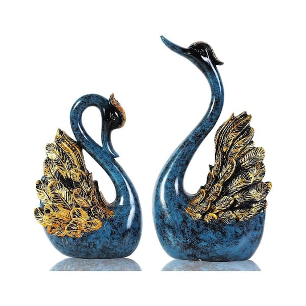 2 Pcs Blue 5 in. x 9 in. Resin Swan Statues Couple's Home Decorations for Living Room Decor