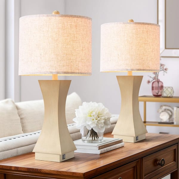 Salem 24.5 in. Beige Modern Dimmable Resin Bedroom Living Room Bedside Desk Nightstand Table Lamps USB Port Set of 2