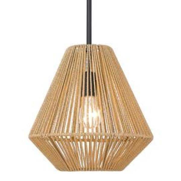 Matte Black and Natural Raphia Rope Medium Pendant Light