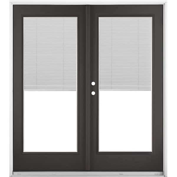 60 in. x 80 in. Black Right-Hand Inswing Fiberglass Full Lite Blinds Glass Hinged Patio Door
