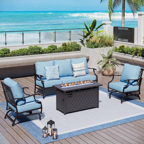 PHI VILLA Black Meshed 5 Seat 4-Piece Metal Steel Outdoor Fire Pit Patio Set with Blue Cushions, Black Rectangular Fire Pit Table