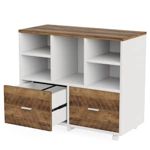 Atencio 2-Drawer Oak Karo & White Wood 39.37 in. W Lateral Mobile File Cabinet with Open Storage Shelves and Casters