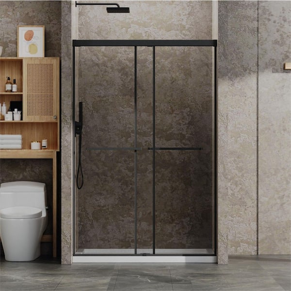 48 in. W x 72 in. H Double Sliding Frameless Soft-Close Shower Door in Matt Black with 1/4 in. Clear Glass