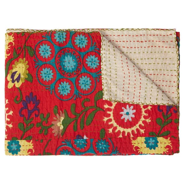 Red Floral Cotton Throw Blanket