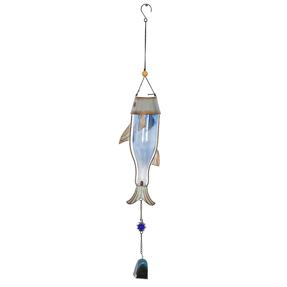 Blue Glass and Metal Fish Wind Chimes with Beads, Set of 2