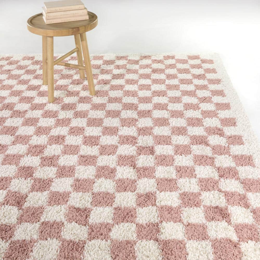 Pink and White Checkered Square Shag Kids' Rug