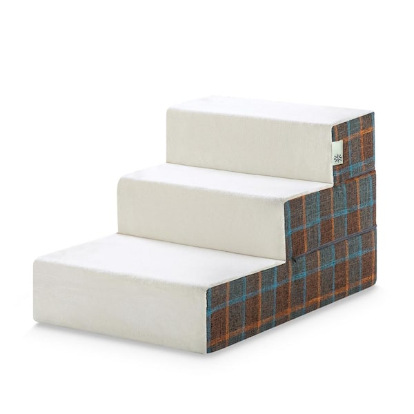 Zinus 15 in. Small Foam Blue Plaid 3 of Steps Pet Stairs