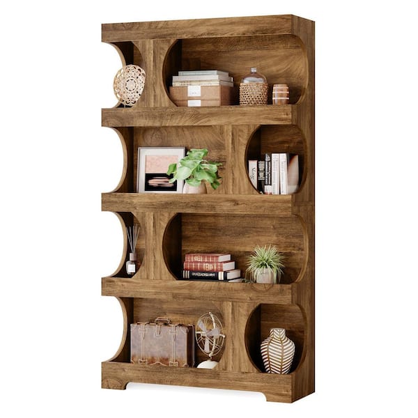BYBLIGHT Eulas 71.3 in. Tall Brown Wood 4-Shelf Standard Bookcase / Unique Shape, Modern Freestanding Display Shelf