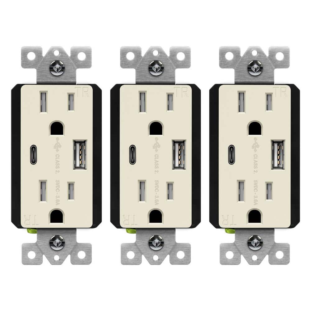 15 Amp 125-Volt Tamper Resistant Residential Decorator Duplex Outlet, 3.6 Amp USB Type A/C Ports, Light Almond (3-Pack) price history on PriceWatchPro