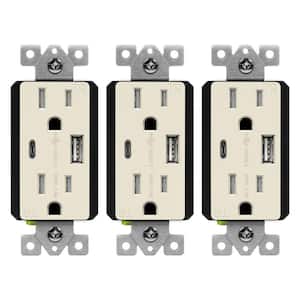 15 Amp 125-Volt Tamper Resistant Residential Decorator Duplex Outlet, 3.6 Amp USB Type A/C Ports, Light Almond (3-Pack)