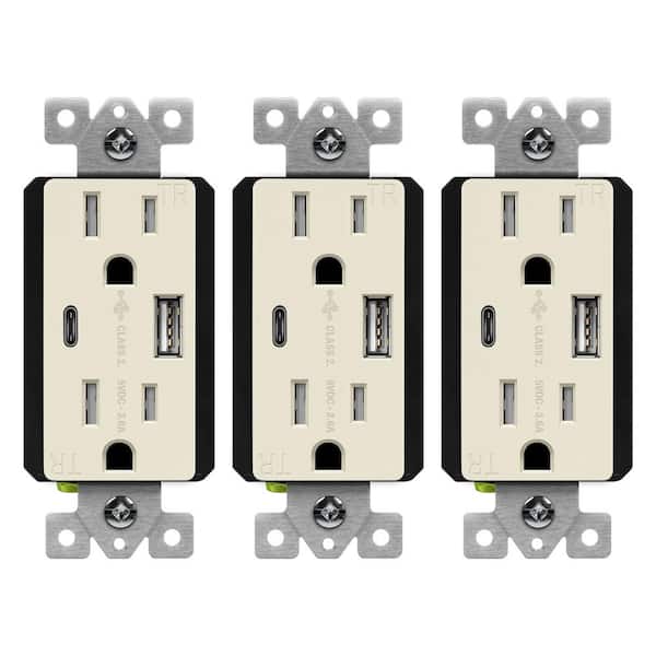 15 Amp 125-Volt Tamper Resistant Residential Decorator Duplex Outlet, 3.6 Amp USB Type A/C Ports, Light Almond (3-Pack)