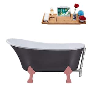 55 in. x 26.8 in. Acrylic Clawfoot Soaking Bathtub in Matte Grey with Matte Pink Clawfeet and Polished Chrome Drain