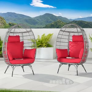 Oversized Outdoor Gray RatTan Egg Chair Patio Chaise Lounge Indoor Basket Chair with Red Cushion (2-Pieces)