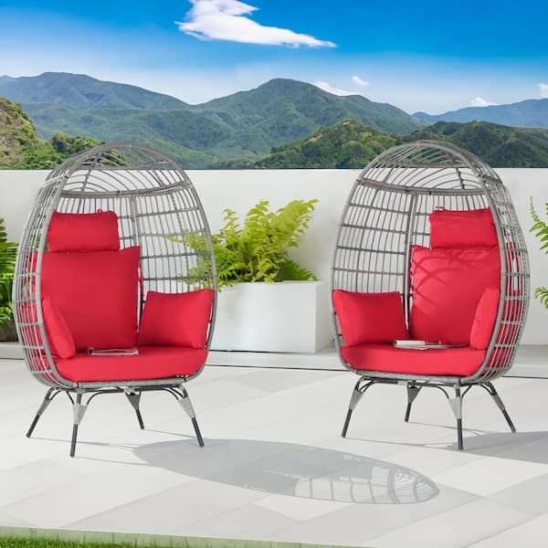 SANSTAR Oversized Outdoor Gray RatTan Egg Chair Patio Chaise Lounge Indoor Basket Chair with Red Cushion (2-Pieces)