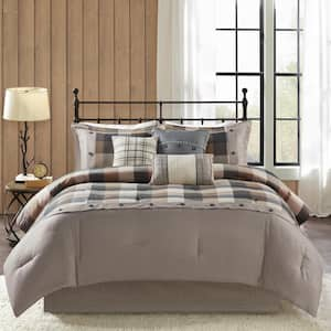 Pioneer 7-Piece Neutral Plaid Polyester Queen Herringbone Comforter Set