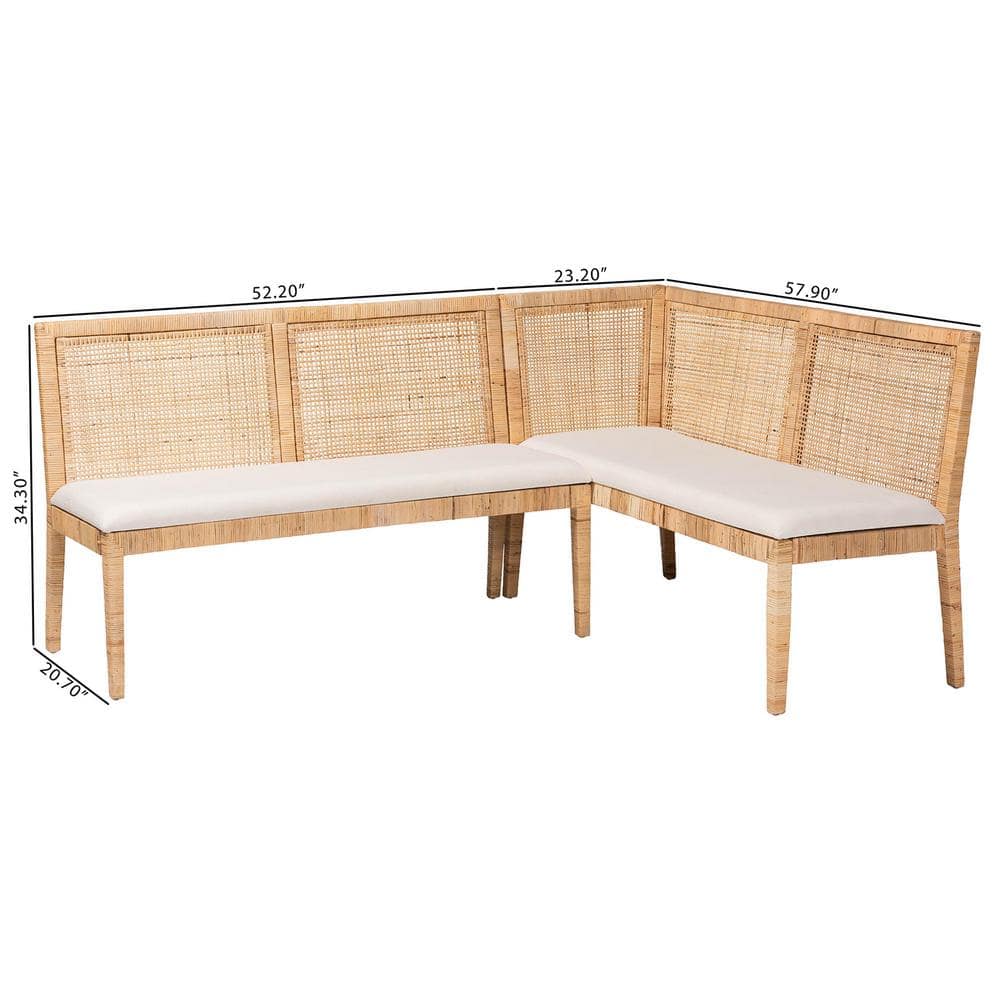 Kalimantan Light Honey Rattan 2-Piece Banquette Set with White Cushions