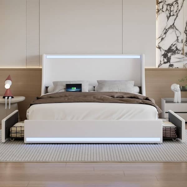 Upholstered Bed White Metal Frame Queen Platform Bed Frame with Underbed Storage Drawers, RGB Lights & Charging Station