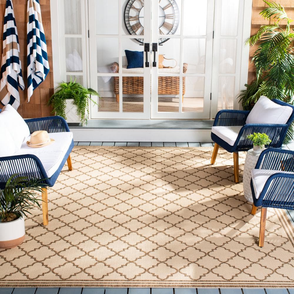 Cream and Beige Square Stain-Resistant Indoor/Outdoor Rug