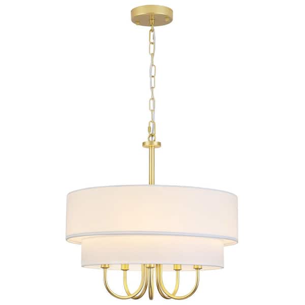 5-Light Gold Modern Chandelier 2 Tiers Drum Light Fixture with Fabric Shaded for Living Room