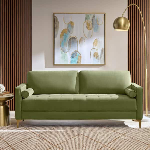 Goodwin 75.6 in. Square Arm Velvet Rectangle Sofa in Olive Green