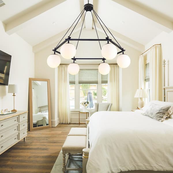 32 in. 6-Light Black Hexagon DIY Chandelier with Glass Shade for Bathroom, Dining Room