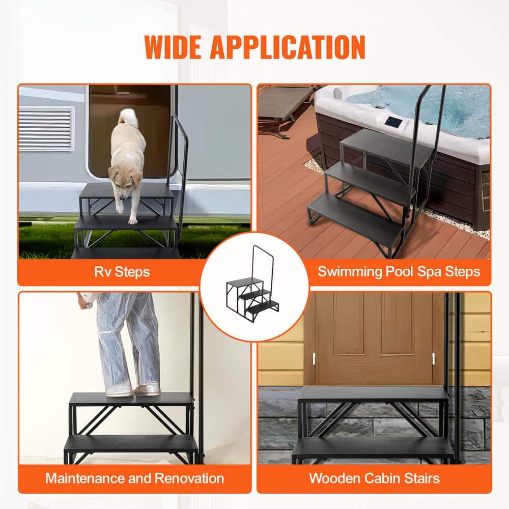 Black Carbon Steel 3-Step RV Stairs with Handrail