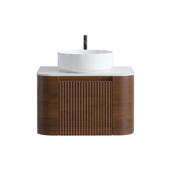24" Walnut Bathroom Vanity with Single White Ceramic Sink,Wall-Mounted Cabinet&Towel Rack(No Faucet/Drain,Pre-Assembled)