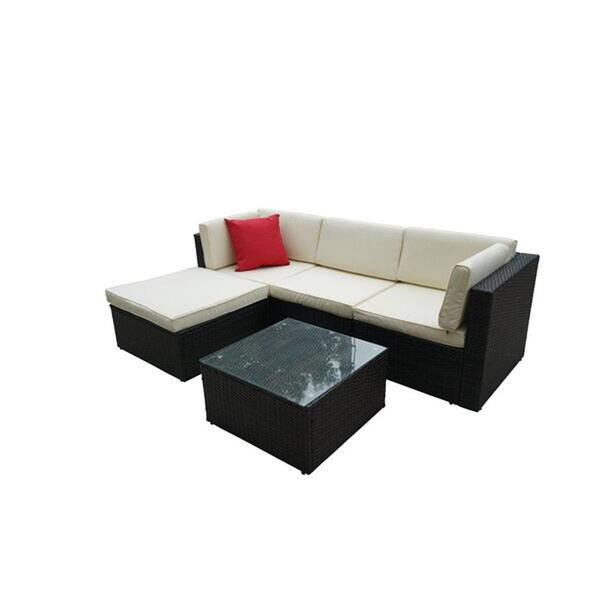 Boyel Living 5-Piece Rattan Sectional Seating Group Wicker Outdoor Patio Conversation Furniture Set with Beige Cushions