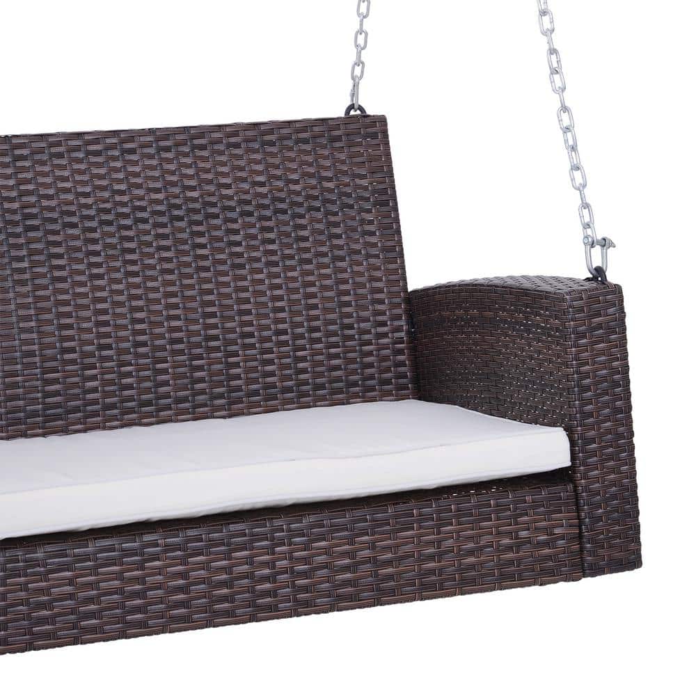 Brown Wicker 2-Person Outdoor Hanging Swing Bench with Cushions