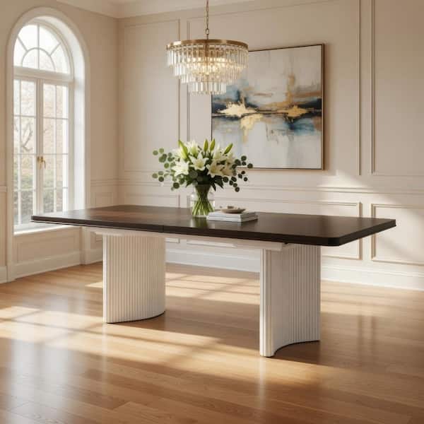 Benjara Aren White and Brown Wood 40 in. Double Pedestal Dining Table ...