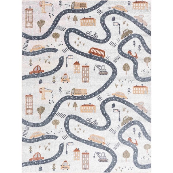 HAUTELOOM Mave Roads 7 ft. X 9 ft. Cream, Antrasit Multi-Colored Kids Room Road Traffic Car City Machine Washable Area Rug