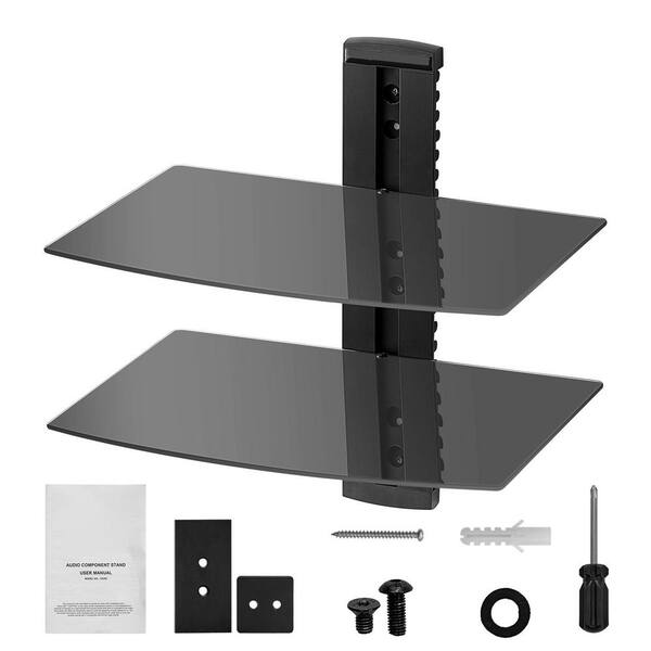 Floating Tempered Glass Wall Shelf – 2 Tier – 14.17" X 9.84" – For Cable Boxes – Hardware Included
