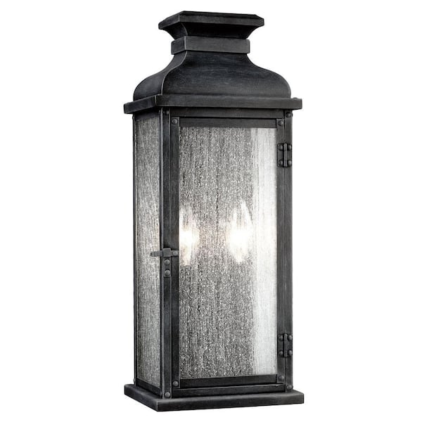Generation Lighting Pediment 7 in. W 2-Light Dark Weathered Zinc Outdoor 18.125 in. Wall Lantern Sconce with Clear Seeded Glass