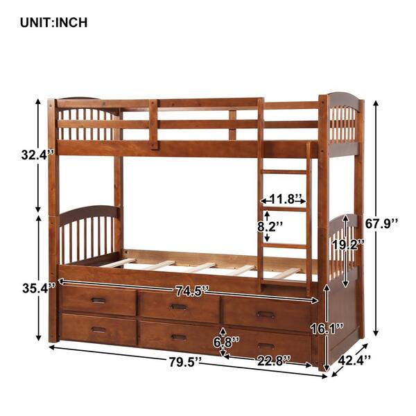 Harper & Bright Designs Walnut Twin Over Twin Wood Bunk Bed with Trundle and Drawers - image 3