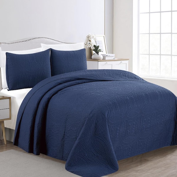 FRESHFOLDS Blue Indigo Premium Medallion Oversized King Microfiber 3 Piece Quilt Set Bedspread