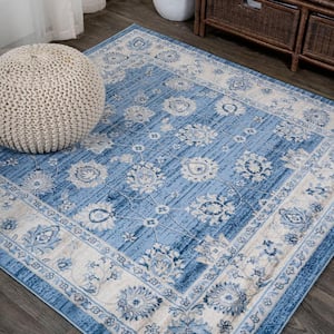 Modern Persian Vintage Moroccan Traditional Blue/Ivory 5' Square Area Rug
