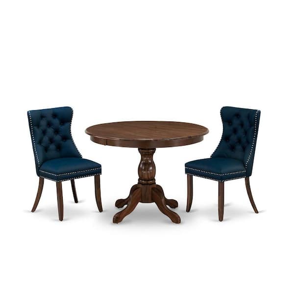 East West Furniture 3-Piece Antique Walnut Finish Solid Wood Top-Round Upholstered Dining Room Set-Seats 4