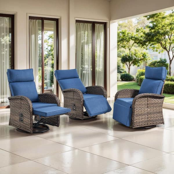 Plain Curve 3-Piece Brown Wicker Outdoor Adjustable Swivel Recliner Chair with Navy Blue Cushions