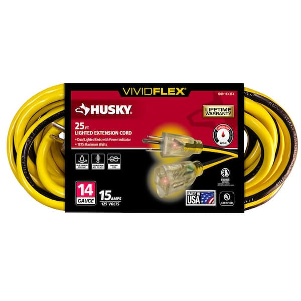 Husky VividFlex 25 ft. 14/3 Heavy Duty Indoor/Outdoor Extension Cord with Lighted End, Yellow