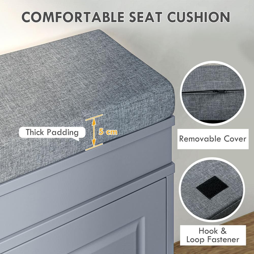 Gray Modern Shoe Rack Bench with Cushion and Storage Drawers
