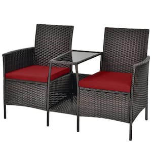 1-Piece Wicker Rattan Patio Conversation Set Loveseat with Glass Table and Red Cushion