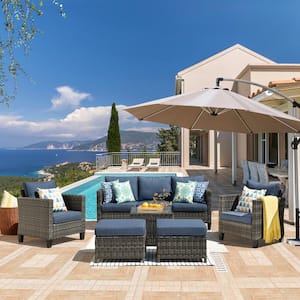 Megon Holly Gray 6-Piece Wicker Outdoor Patio Conversation Seating Set with Denim Blue Cushions