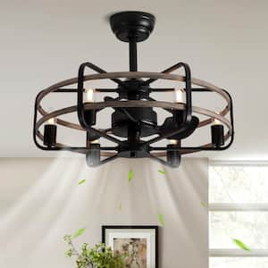 Caged 25 in. Indoor Black Low Profile Fandelier Ceiling Fan with E26 Bulb Type (Not Included) with Remote Included