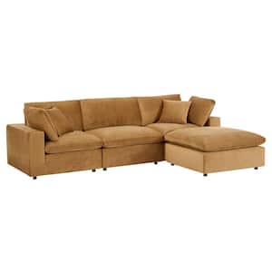 Commix 119 in. Brown Cognac Down Filled Overstuffed Performance Velvet 4-Seat Sectional Sofa