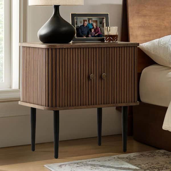 Dawn Walnut 21.6 in. W Slattd Tambour Door Nightstand with Metal Legs