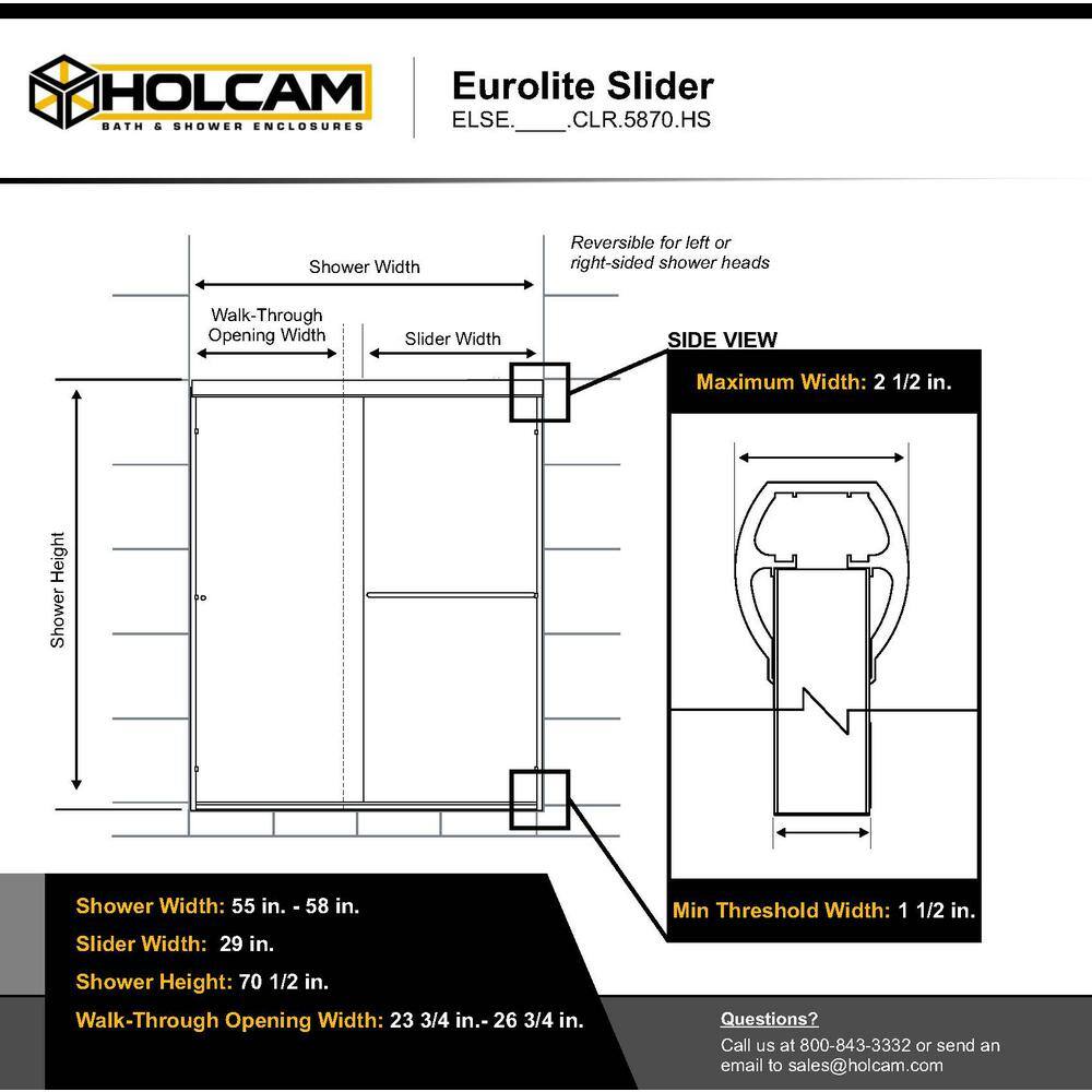 Eurolite 58" Matte Black Frameless Sliding Shower Door with Clear Glass