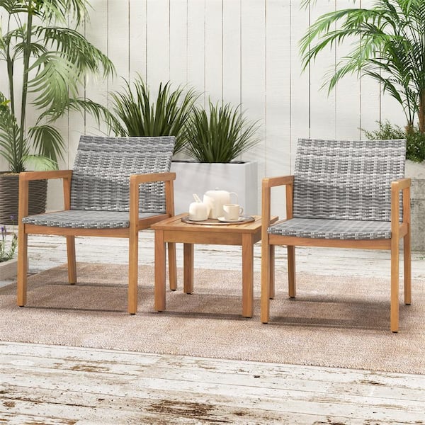 Costway 3-Piece Wicker Patio Conversation Set with Acacia Wood Frame Sofa Set
