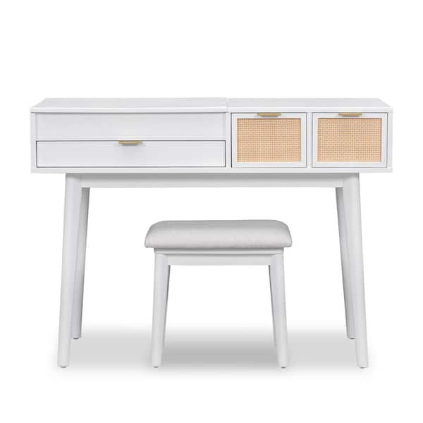 43.3 Vanity Dressing Table with Flip-top Mirror and 3 Storage Drawers,  Wood Vanity Desk with PU Upholstered Stool, Makeup Vanity Set for Bedroom